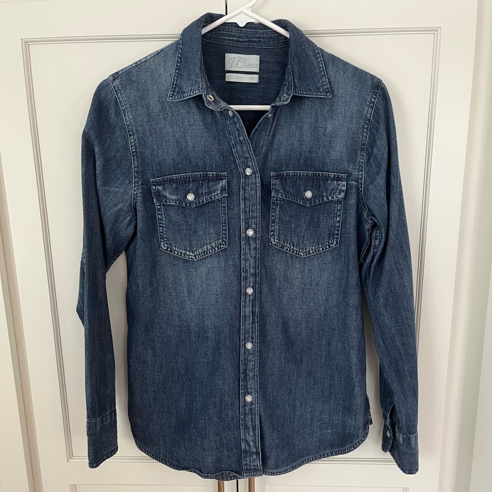 J Crew Western Pearl Snap Denim Shirt, Vtg Indigo, 4